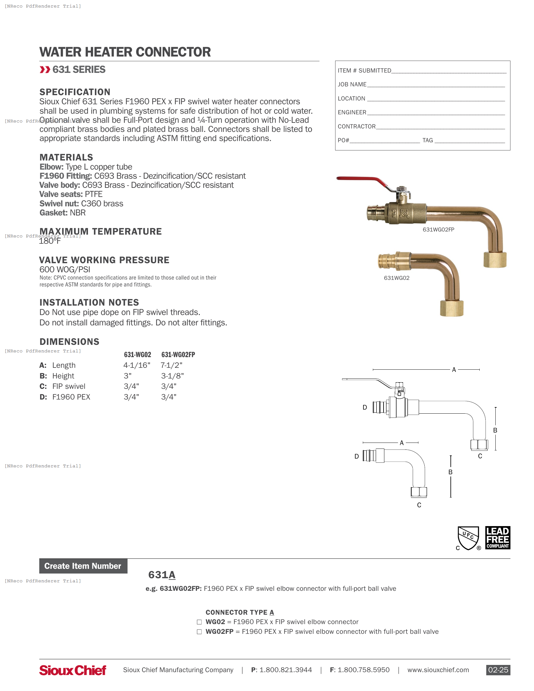 631 SERIES -  F1960 X FIP ELBOW WHC - SPEC SHEET.PDF Specification Document